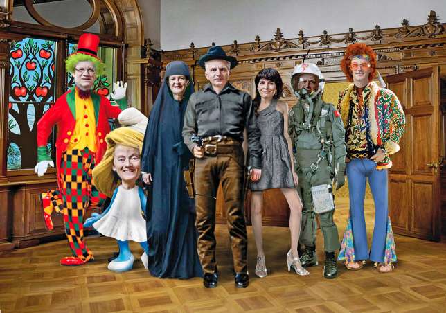 Verstehen Sie Spass? Das offizielle Bundesratsfoto 2014  in der Version von BLICK-Karikaturist Igor Kravarik: Johann Schneider-Ammann, Eveline Widmer-Schlumpf, Simonetta Sommaruga, Didier Burkhalter, Doris Leuthard, Ueli Maurer, Alain Berset (v. l.). 